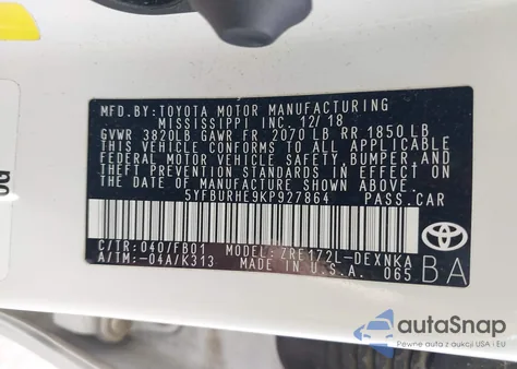 2019 Toyota Corolla Le from USA, damaged, VIN 5YFBURHE9KP927864